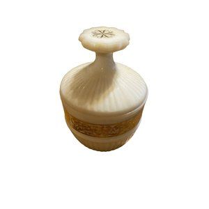 Vintage Avon? milk glass container with lid gold accents